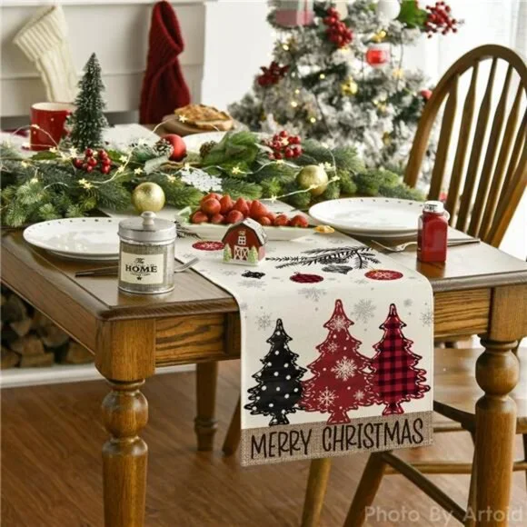 Red Pine Trees Merry Christmas Table Runner, Winter Xmas Holiday - Picture 2 of 8
